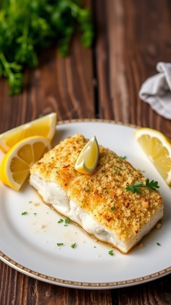 Garlic parmesan crusted cod fillet garnished with parsley and lemon on a rustic table.